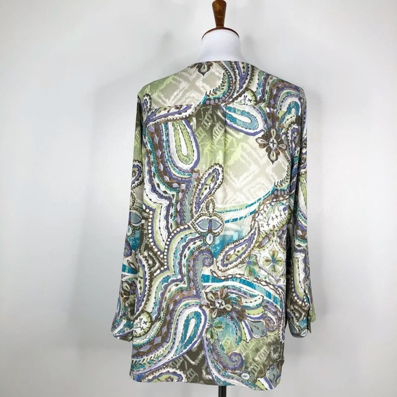 CHICOS Paisley Tie Front Top Sz. 1 (M) Purple Green Brown - Picture 2 of 13
